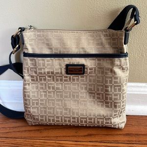 Tommy Hilfiger gold/white and navy blue detailing cross body bag